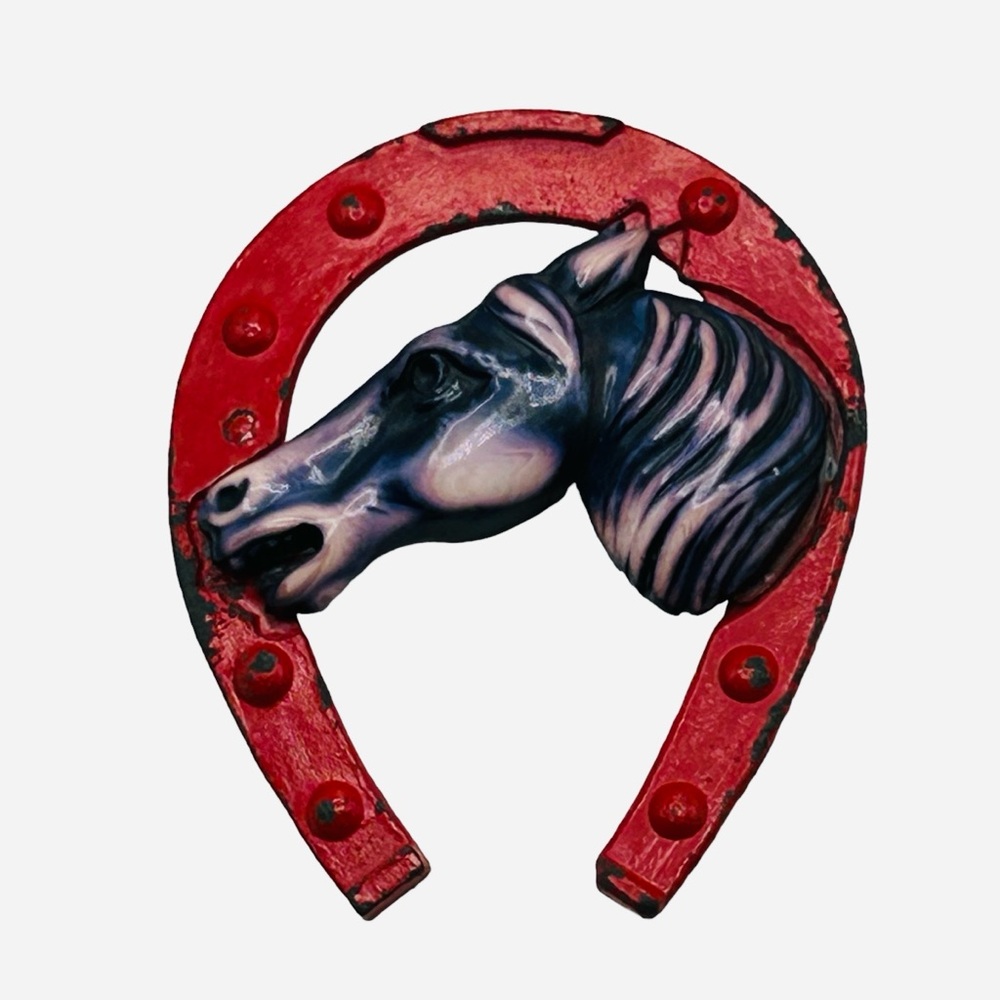 Antique 1930’s Metal Horse Head and Horseshoe Brooch Hand Painted